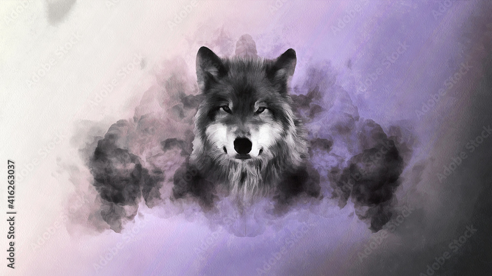 Fototapeta The head of a wolf against the background of a smoke cloud. Artistic work on the theme of animals