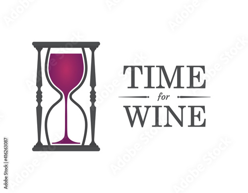 Vector hourglass as a wine glass. Text: Time for wine. isolated on white background.
