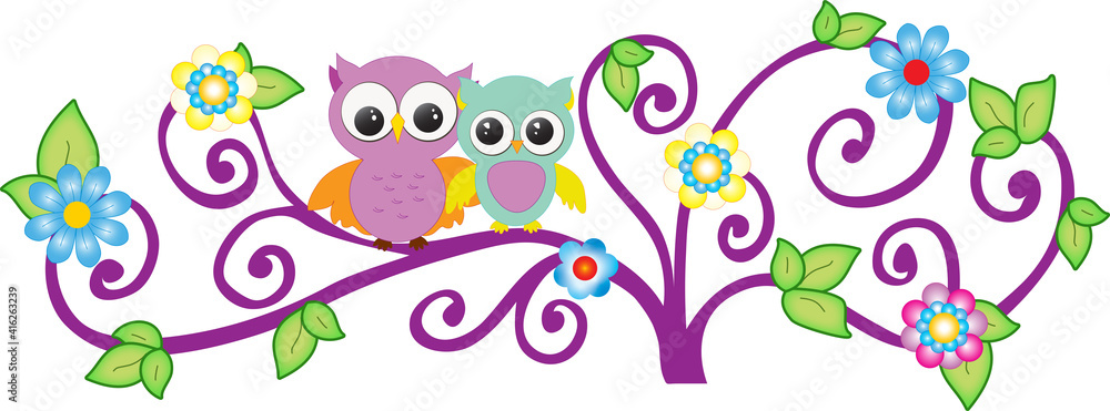 Couple of owls on a tree with flowers 
