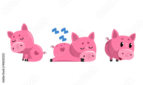Set of Funny Pigs  Cute Farm Animal Character Cartoon Vector Illustration