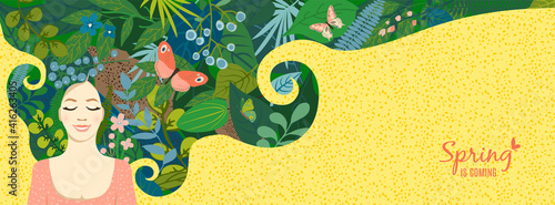 Beautiful floral background, panorama. Concept with lying girl in dream, hair of leaves, colorful flowers, butterflies. For women's day on march 8, cover social network, wedding. Vector illustration.