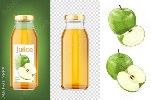 Green apple juice mockup 3D transparent bottles and apples. Vector Illustration.