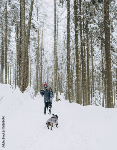 A group of friends with their dog during a winter hiking trip. Active family holidays during the Christmas holidays.The winter lifestyle.Individual winter adventures.healthy break.local travel