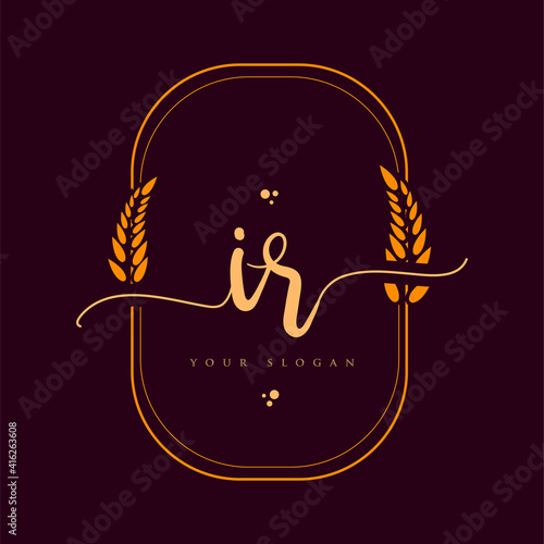 IR Initial handwriting logo. Hand lettering Initials logo branding with wreath, Feminine and luxury logo design isolated on elegant background.
