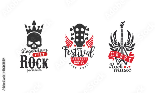 Legendary Rock Fest Logo Templates Set, Heavy Rock Music Festival Retro Badges k Vector Illustration