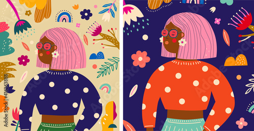 Colourful vector illustration with modern fashion girl. Spring print with flowers, leaves and girl