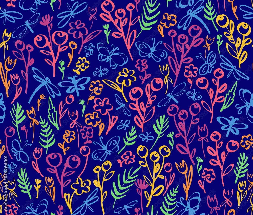 Floral seamless background pattern. Wild flowers and buterlies hand drawn, vector. Spring summer. Fabric swatch, textile design, wrapping Floral seamless background pattern. Wild flowers and buterlies hand drawn, vector. Spring summer. Fabric swatch, textile design, wrapping