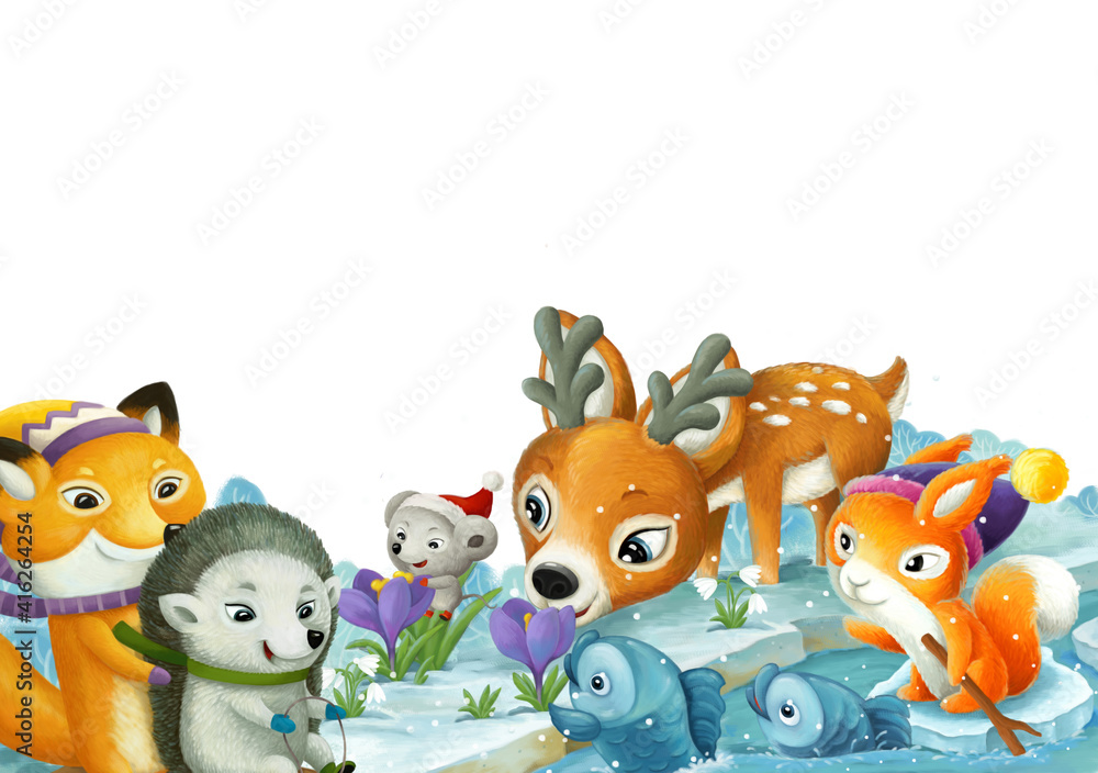 Fototapeta premium cartoon scene with christmas animals in the forest near the stream illustration