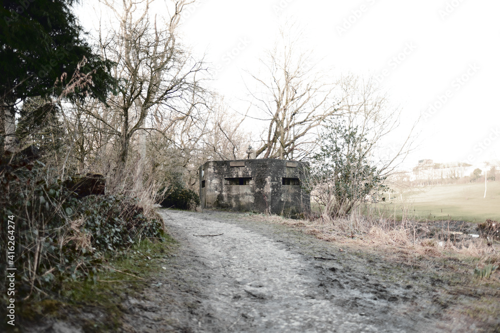 A brutalist cold gritty concrete world war two, ww2, pillbox war bunker defence fortress in a dirty forgotten woodland in europe. wartime relics and forgotten outpost using solid architecture A brutalist cold gritty concrete world war two, ww2, pillbox war bunker defence fortress in a dirty forgotten woodland in europe. wartime relics and forgotten outpost using solid architecture