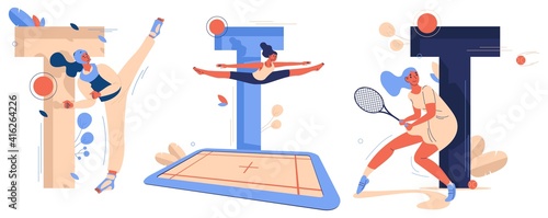 Sport letters T collection with woman training. Tennis player, trampoline jumper, taekwondo fighter isolated on white background. Healthy lifestyle and active life attitude