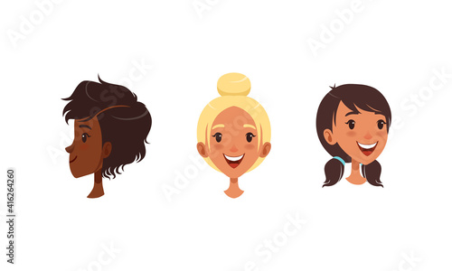 Cute Girls Head in Different Views and Hairstyle Set, Joyful Girl in Front, Profile Side, Three Quarter View Cartoon Vector Illustration