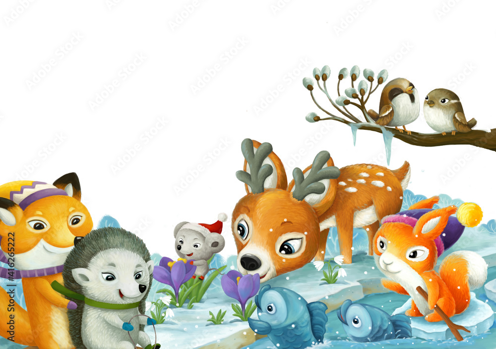 Fototapeta premium cartoon scene with christmas animals in the forest near the stream illustration