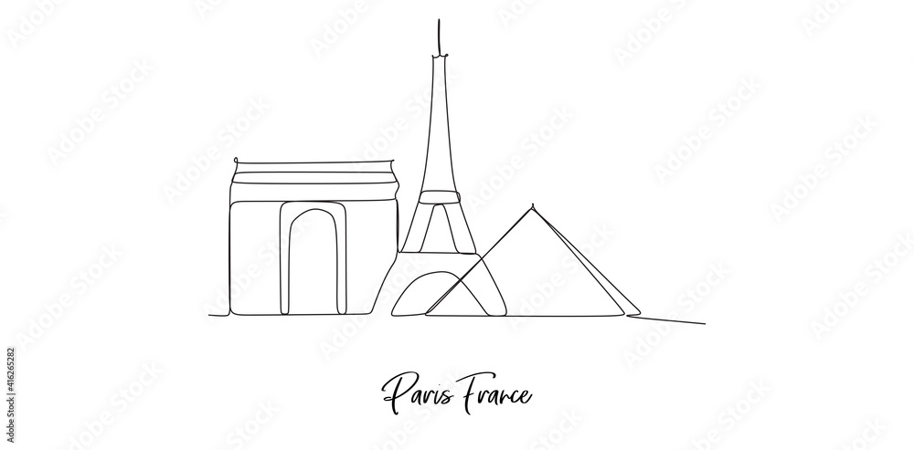 Fototapeta Paris France Landmarks - continuous one line drawing