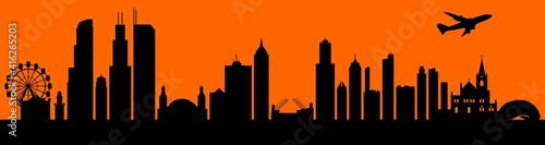 Vector city skyline silhouette - illustration, 
Town in orange background, 
Chicago Illinois
