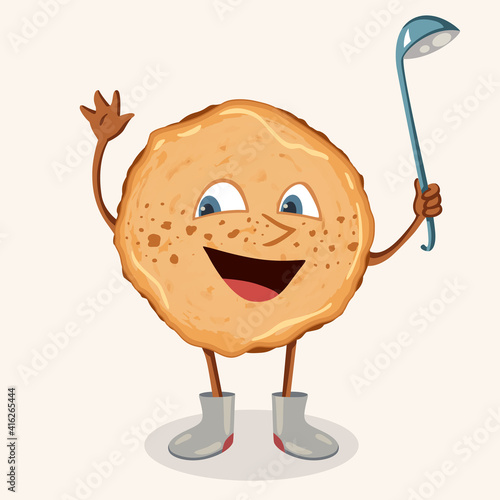 Pancake happy mascot in felt boots waving hand and smile with ladle illustration isolated vector art, maslenitsa, hi