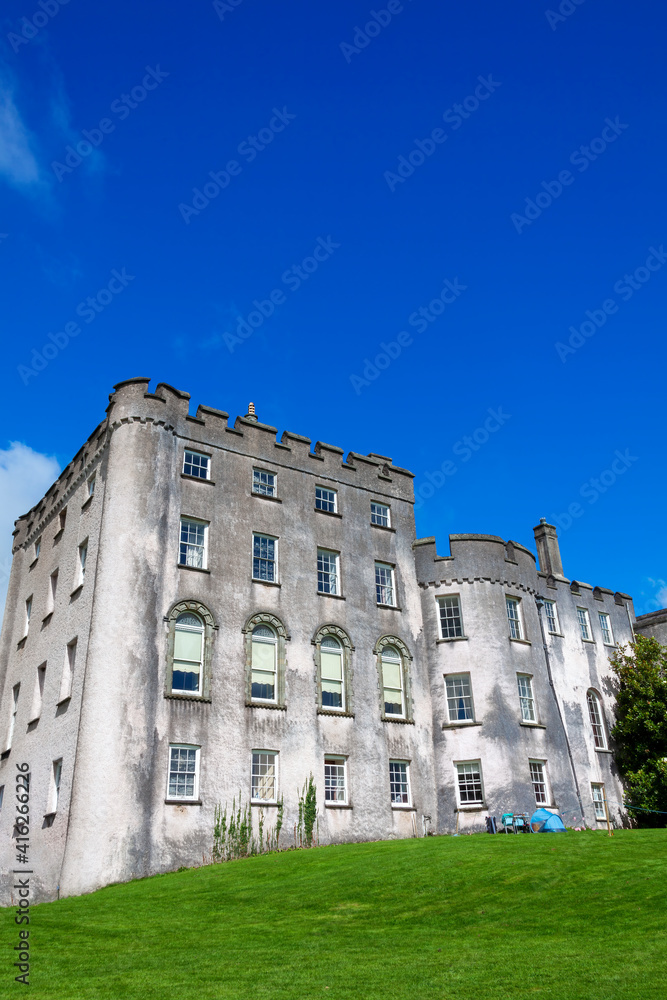 Picton Castle in Haverfordwest Pembrokeshire south Wales UK which is an 13th century Norman fort with a Georgian front and is a popular tourist travel destination attraction landmark, stock photo