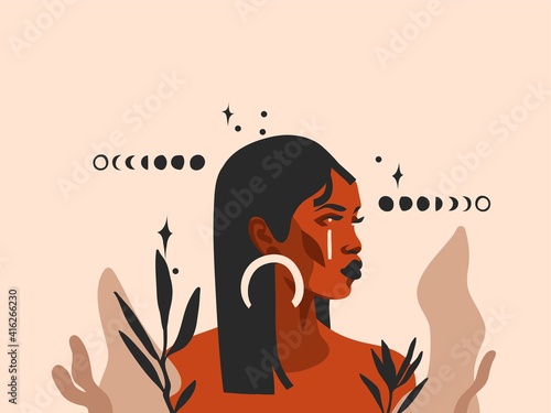 Hand drawn vector abstract stock flat graphic illustration with ethnic tribal black beautiful african american woman,sun and magic moon phases in simple style ,isolated on pastel background