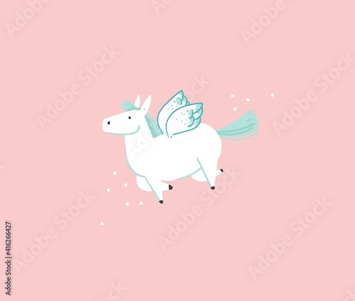 Hand drawn vector stock abstract flat cartoon graphic illustration with wizard simple style funny white pegasus isolated on pink pastel background