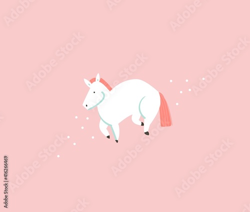 Hand drawn vector stock abstract flat cartoon graphic illustration with wizard simple style funny white pony isolated on pink pastel background