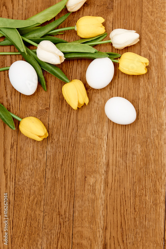 bouquet of flowers chicken eggs top view holiday Copy Space