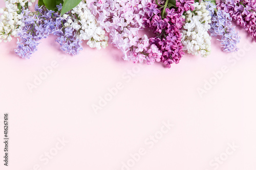 Flowers composition. Frame made of lilac flowers on pink background. Flat lay  top view  copy space