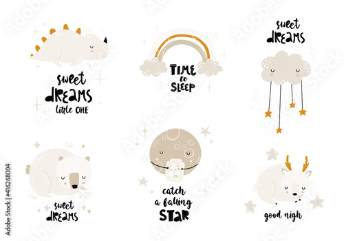 Child vector set with cute sleeping animals, clouds, moon, rainbow and hand drawn text. Creative kids prints for fabric, textile, wallpaper, apparel. Kid print with lettering. Greeting card design.