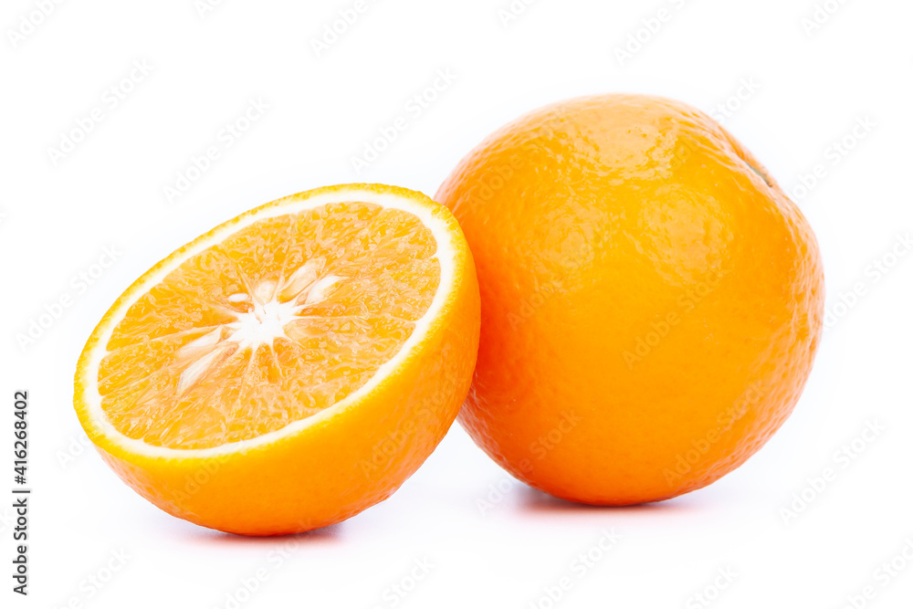 Whole and half of orange on white background, isolated Whole and half of orange on white background, isolated