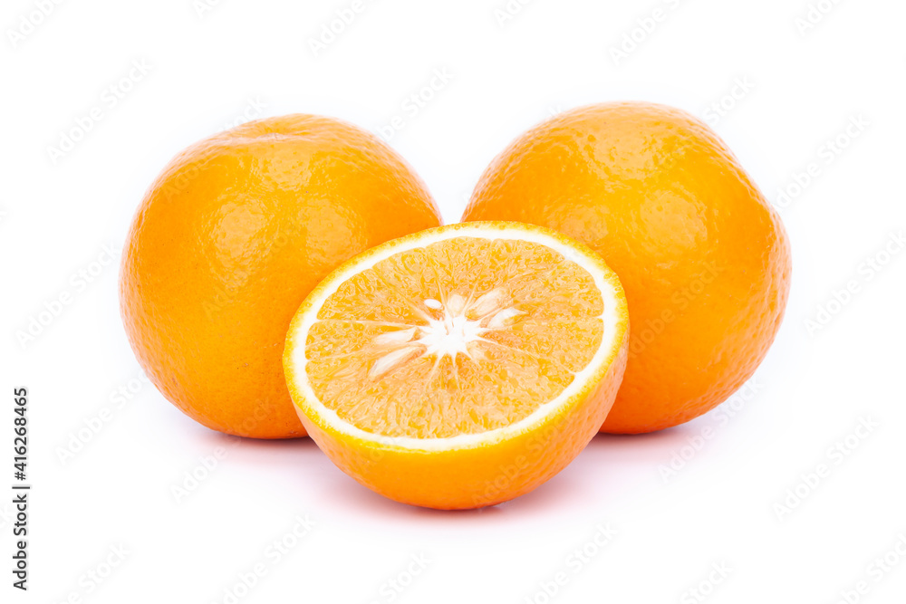 two whole and half orange on white background, isolated two whole and half orange on white background, isolated
