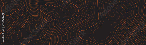 The stylized height of the topographic contour in lines and contours. The concept of a conditional geography scheme and the terrain path. Dark on black. Ultra wide size. Vector illustration. photo