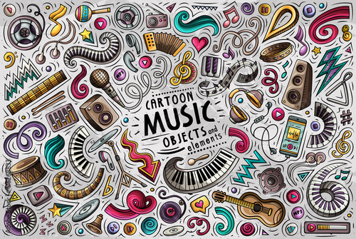 Colorful vector doodles cartoon set of Music objects