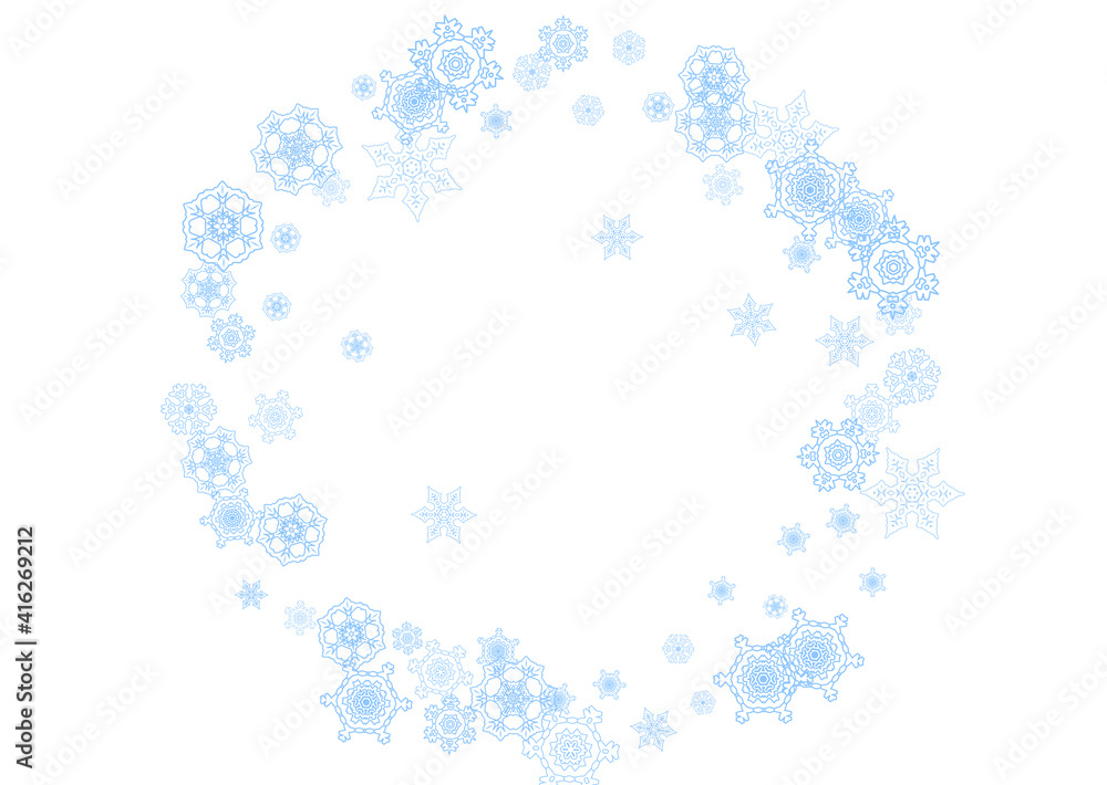 Fototapeta premium Winter frame with blue snowflakes for Christmas and New Year celebration. Horizontal winter frame on white background for banners, gift coupons, vouchers, ads, party events. Falling frosty snow.