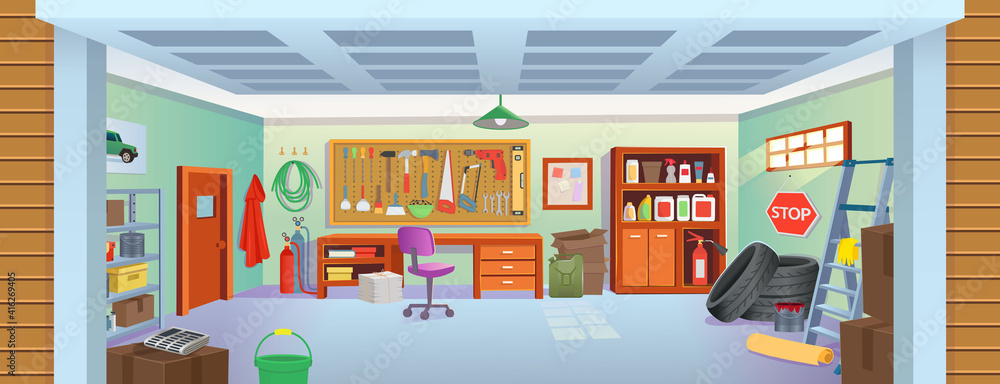 Garage or basement interior with open door, tools, table, shelves, stepladder, boxes, tires.Vector cartoon game and mobile applications background.