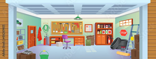 Garage or basement interior with open door, tools, table, shelves, stepladder, boxes, tires.Vector cartoon game and mobile applications background.