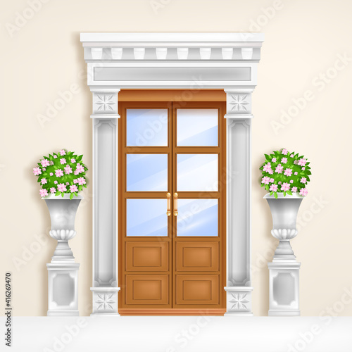 Classic palace door, double vector portal entrance, marble pillars, glass window, vases, plants. Traditional Roman architecture facade exterior elements. Wooden old vintage antique stone palace door