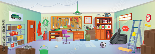 Garage or basement interior with open door, tools, table, shelves, stepladder, boxes, tires.Vector cartoon game and mobile applications background.