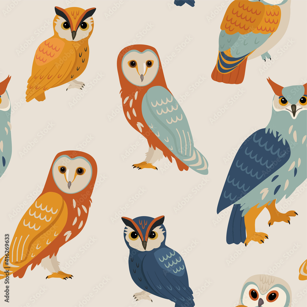 Fototapeta premium Owl pattern. Contemporary abstract seamless texture. Vector colored design.