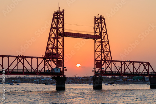 夕日と筑後川昇開橋 福岡県大川市 Sunset and Chikugogawa Lift Bridge Fukuoka-ken Ookawa city