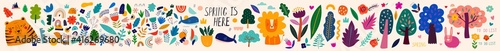Big spring collection of flowers, trees, leaves and animals. spring symbols. Decorative colourful stickers and doodles. Hand-drawn modern illustration		