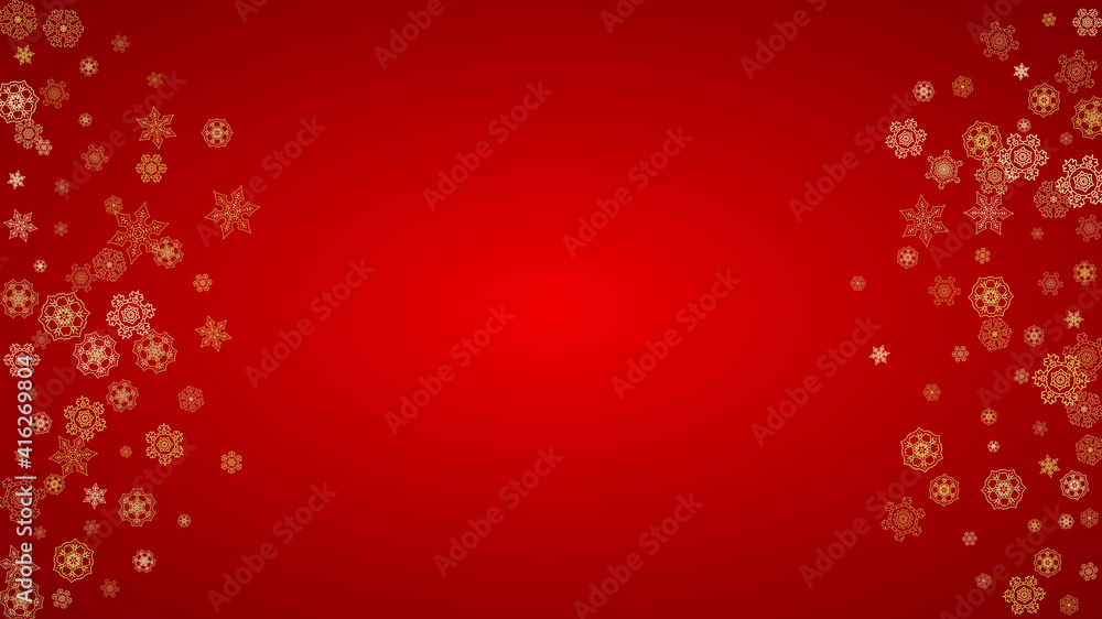 Christmas snowflakes on red background. Horizontal glitter frame for winter banner, gift coupon, voucher, ads, party event. Santa Claus color with golden Christmas snowflakes. Falling snow for holiday Christmas snowflakes on red background. Horizontal glitter frame for winter banner, gift coupon, voucher, ads, party event. Santa Claus color with golden Christmas snowflakes. Falling snow for holiday