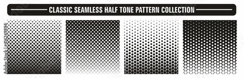 Classic half tone seamless pattern collection in black and white. Perfect graphic effect for pattern and fills. Vector illustration.