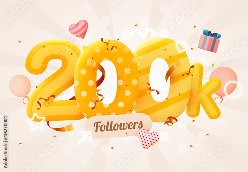 200k or 200000 followers thank you Pink heart, golden confetti and neon signs. Social Network friends, followers, Web user Thank you celebrate of subscribers or followers and likes.
