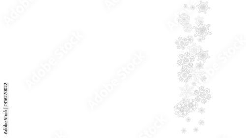 Snowflakes falling on white background. Horizontal Christmas and Happy New Year theme. Silver falling snowflakes for banner, gift card, party invitation, partner compliment and special business offers