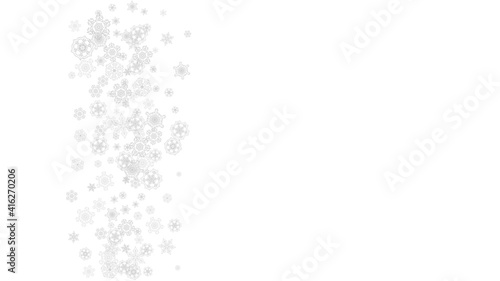 Snowflakes falling on white background. Horizontal Christmas and Happy New Year theme. Silver falling snowflakes for banner, gift card, party invitation, partner compliment and special business offers