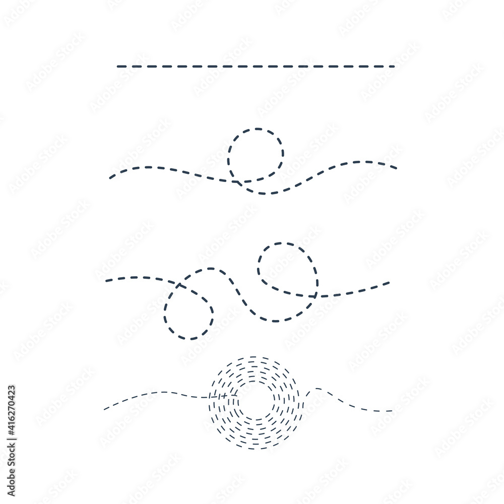 Dashed or dotted path track lines and curved lines. Stock Vector illustration isolated on white background. Dashed or dotted path track lines and curved lines. Stock Vector illustration isolated on white background.