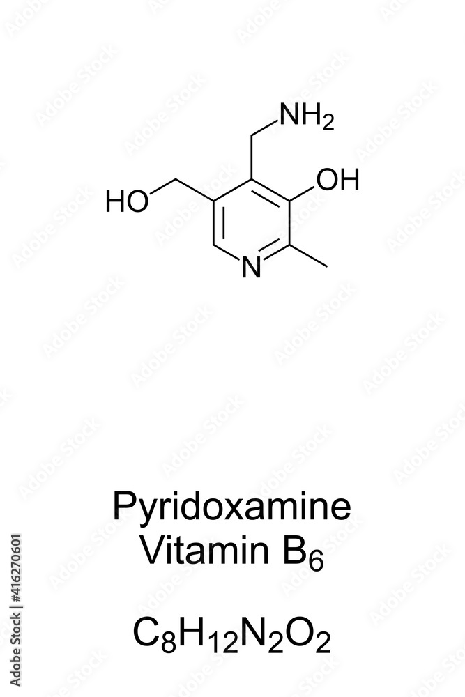 Pyridoxamine, vitamin B6, chemical formula and skeletal structure. Also