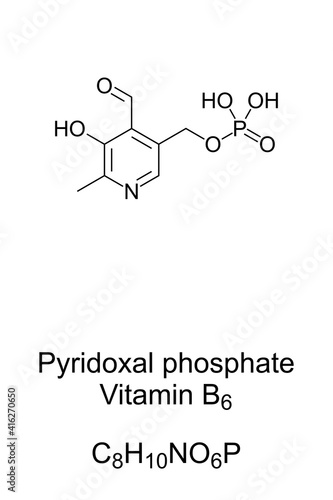 Pyridoxal phosphate, the active form of vitamin B6, chemical formula and skeletal structure. Also known as PLP or P5P, it is a coenzyme in a variety of enzymatic reactions. Illustration. Vector.