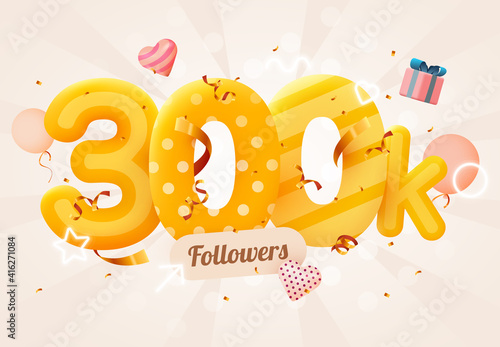 300k or 300000 followers thank you Pink heart, golden confetti and neon signs. Social Network friends, followers, Web user Thank you celebrate of subscribers or followers and likes.