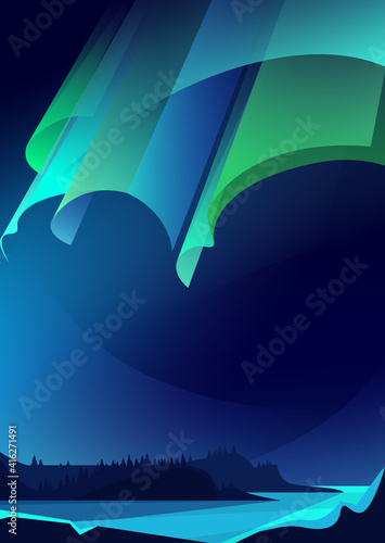 Illustration of aurora borealis. Landscape with natural light show in vertical orientation.