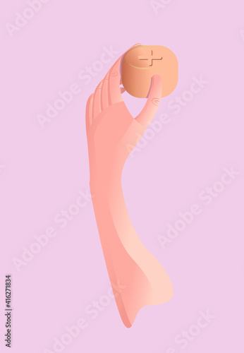 Hand holding up Holy bread on light purple background.  Communion wafer. Eucharist