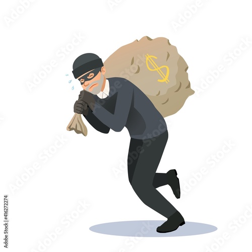 The thief has stolen a large bag of money and is carrying it with great difficulty. The criminal steals money.